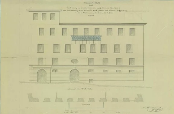 Ansicht der Süd- und Ostseite zum Hafenmarkt für den Anbau eines gusseisernen Balkons, 1865 (Baurechtsamt SHA, Bauakten)
