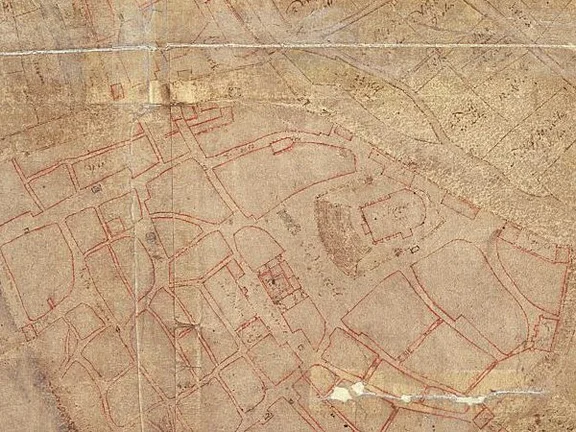 Ausschnitt aus der Schwäbisch Haller Flurkarte von 1710: Der Brunnenkasten ist erkennbar (StadtA Schwäb. Hall 16/40)