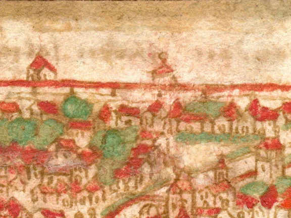Ausschnitt aus einer Stadtansicht in der „Wetzel-Chronik“, kolorierte Federzeichnung um 1600. In der Mitte der „Beyschlag“-Turm, rechts der „Wibel“-Turm. Von letzterem haben sich überirdisch keine Reste erhalten, er befand sich im Bereich der Ausfahrt aus dem Parkhaus am Langen Graben (Landratsamt) (StadtA SHA 4/4 Bl. 2)