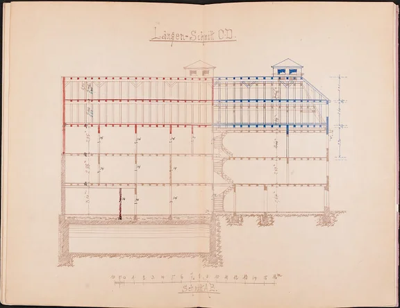 Längsschnitt der Gebäude Neue Straße 10 und 12 für den geplanten, aber nur für die Nr. 12 umgesetzten Umbau mit Aufstockung, 1897 (Stadt Schwäbisch Hall, Baurechtsamt, Bauakten Neue Straße 10)