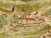 Ausschnitt aus einer anderen Ansicht der Comburg und Steinbachs in der „Dötschmann-Chronik“, kolorierte Federzeichnung um 1600 (StadtA Schwäb. Hall S09/10, Bl. 114r)