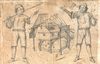 Sieder bzw. Floßknechte mit Beil und Flößerhaken mit Haalbrunnen und Schöpfwerk, undat., zw. 1716 und 1754. Die Zeichnung ist insofern ungewöhnlich, als sie die Salzsieder in ihrer Arbeitskleidung zeigt (StadtA Schwäb. Hall HV HS 89)