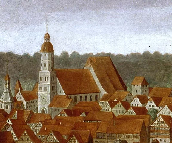 Ausschnitt aus dem Gemälde  von Hans Schreyer im Haalamt (Im Haal 2), 1643. Foto: Jürgen Weller, Fotograf (StadtA Schwäb. Hall DIG 1170)