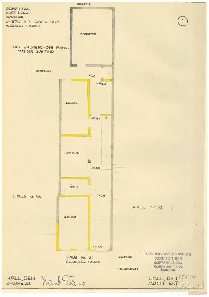 Erdgeschoss-Grundriss zum Umbau zwecks Einrichtung eines Ladens mit altem Bauzustand, 1954 (Baurechtsamt Schwäb. Hall, Bauakten)