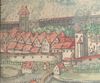 Ausschnitt aus einer kolorierten Nachzeichnung einer Ansicht des Brands der Gelbinger Gasse am 3. Juni 1680. Die Merian-Ansicht von 1643 diente offenbar als Vorlage; demzufolge wäre das Gräterhaus wieder das Gebäude ganz links in der Reihe der vier zur Stadtmauer traufständigen Häuser in der liken Bildmitte (StadtA Schwäb. Hall HV HS 68)
