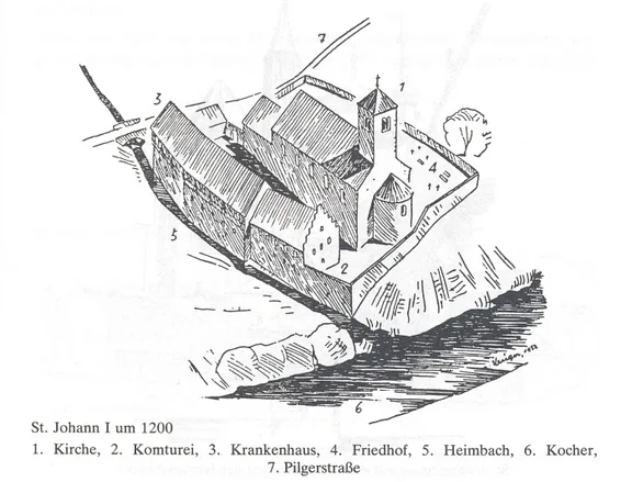 Rekonstruktionsvorschlag von Eduard Krüger für den romanischen Ursprungsbau vom Ende des 12. Jahrhunderts und die zugehörigen Kommendegebäude. Aus: Eduard Krüger: Schwäbisch Hall. Ein Gang durch Geschichte und Kunst, Schwäbisch Hall 1982 (3. Aufl), S. 99