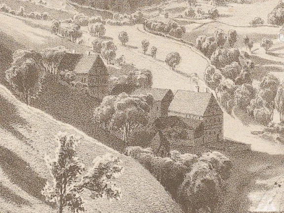Ausschnitt aus einer Ansicht der Comburg aus Richtung Süden. Lithografie für Wilhelm Nitzschke, Schwäbisch Hall, nach Vorlage von „Herdtle jun.“ (vermutlich Gustav Herdtle, 1835-1917), um 1858-1860. Die spätere Nr. 5 steht links in der Häuserreihe (StadtA Schwäb. Hall S10/2381)