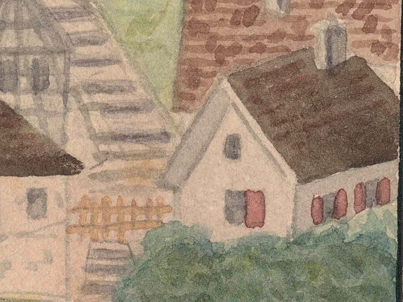 Ausschnitt aus einem Aquarell von Peter Koch mit einer Ansicht der Kleincomburg, 1874 (StadtA Schwäb. Hall S10/315)