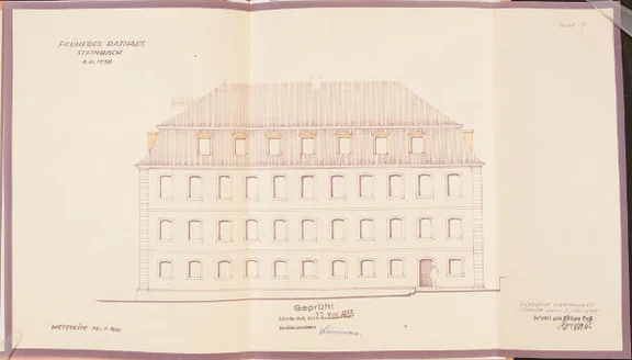 Längsansicht der Westseite zum geplanten Ausbau des Dachstocks, 1955 (Baurechtsamt Schwäb. Hall, Bauakten)