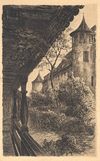Blick vom Wehrgang aus. Postkarte nach Kupferstich, vermutlich 1930er bis 1940er Jahre (StadtA Schwäb. Hall PK 1859).