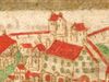 Ausschnitt aus einer Stadtansicht in einer Haller Chronik um 1600. Das Äußere Crailsheimer Tor ist in der Bildmitte links neben dem „Folterturm“ zu erkennen(StadtA Schwäb. Hall 4/4 Bl. 2)