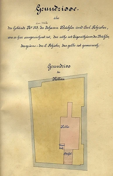Grundriss des Kellers für einen Teilungsplan zwischen den Hausbesitzern Johann Bühler (rot) und Carl Schieber (grün) von 1878 (gelb: gemeinsamer Besitz) (19/511, Beil. 38)