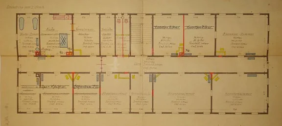 Grundriss des 1. Stocks, entstanden vermutlich im Zusammenhang mit der Modernisierung des Krankenhauses um 1912. Hier waren vor allem Krankenzimmer und ein Bad (ganz links) untergebracht (Baurechtsamt SHA, Bauakten Salinenstraße 48)
