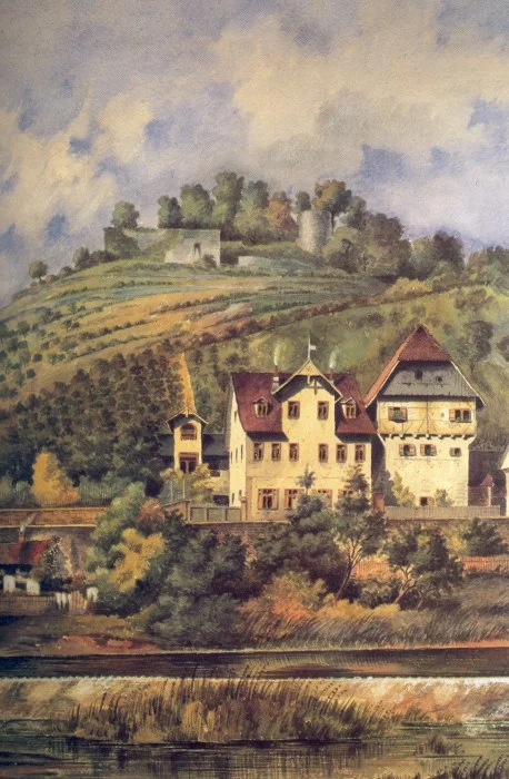 Aquarell von Friedrich Reik, Ende 19. Jahrhundert, mit Nachbarhaus Nr. 79 und Ruine Limpurg im Hintergrund (Hällisch-Fränkisches Museum)
