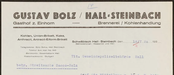Briefkopf von Gustav Bolz, dem Besitzer der Einhornwirtschaft, von 1935. Ein neues Standbein war der Handel mit Kohlen und Briketts (Stadt Schwäb. Hall, Baurechtsamt, Bauakten Neustetterstraße 20)