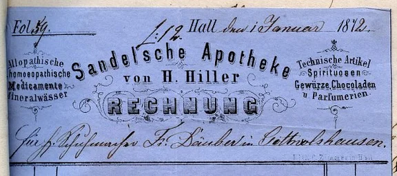Briefkopf der „Sandel’schen Apotheke von H. Hiller“, 1872 (StadtA Schwäb. Hall 58/3207)