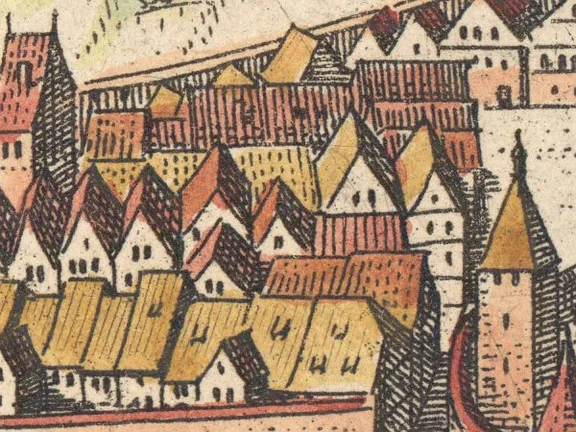 Ausschnitt aus der Stadtansicht von Matthäus Merian nach Vorlage von Leonhard Kern, 1643, mit der Vorgängerbebauung des Bereichs vor dem Brand der Gelbinger Gasse von 1680 (StadtA SHA S10/506)