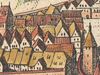 Ausschnitt aus der Stadtansicht von Matthäus Merian nach Vorlage von Leonhard Kern, 1643, mit der Vorgängerbebauung des Bereichs vor dem Brand der Gelbinger Gasse von 1680 (StadtA SHA S10/506)