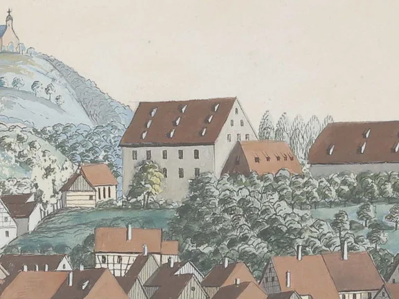 Ausschnitt aus einer Ansicht der Comburg mit Steinbach von etwa 1809 bis 1814. Gouache von C. Gebriel (StadtA Schwäb. Hall S10/811)