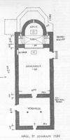 Grundriss des romanischen Ursprungsbaus vom Ende des 12. Jahrhunderts mit Einzeichnung der gotischen Erweiterung von Eduard Krüger. Aus: Eduard Krüger: Der Johanniter-Orden in Schwäbisch Hall. Die Baugeschichte, in: Haalquell 19 (1967), S. 4