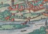 Ausschnitt aus der Stadtansicht von Braun und Hogenberg um 1580. Bei dem Gebäude vor dem Mühlkanalsteg könnte es sich um einen Vorgängerbau des Fischhauses handeln (StadtA SHA S10/508)