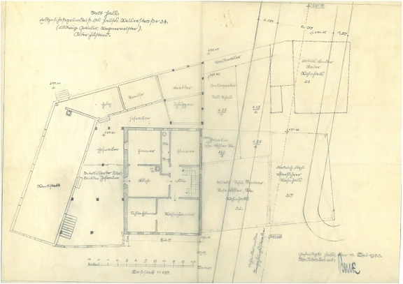 Skizze für den Verlauf der Umgehungsstraße (heutige Johanniterstraße) durch den oberen Teil des Weilers. Das Haus Nr. 30 liegt direkt im Verlauf der geplanten Straße. Plan von Stadtbaumeister Benz aus dem Mai 1933 (StadtA SHA FS 27/0450)