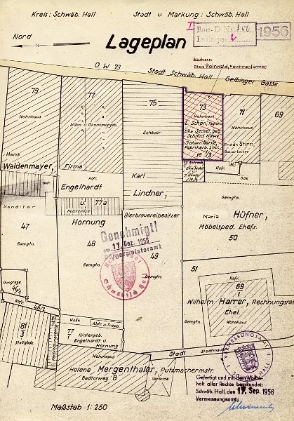 Pläne zum Ausbau des Dachstocks, 1956: Lageplan (Baurechtsamt Schwäb. Hall)