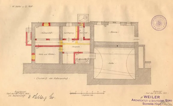 Grundriss des Kellergeschosses für den Um- bzw. Neubau des Hauses von 1922. Deutlich erkennbar ist hier die weitgehende Beibehaltung älterer Bausubstanz (StadtA Schwäb. Hall 27/333)