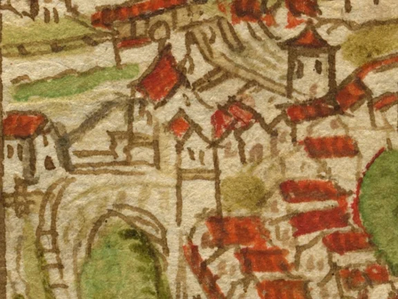 Ausschnitt aus einer Stadtansicht in der „Dötschmann-Chronik“, kolorierte Federzeichnung um 10. Auf dem Turm ist über dem Portal zur Vorhalle das Zifferblatt einer Uhr zu erkennen (StadtA Schwäb. Hall S09/10 Bl. 3)