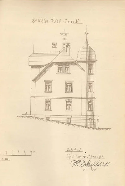 Pläne für den Neubau des Hauses von 1904: Südansicht (Stadt Schwäb. Hall, Baurechtsamt, Bauakten Johanniterstraße 17/1)