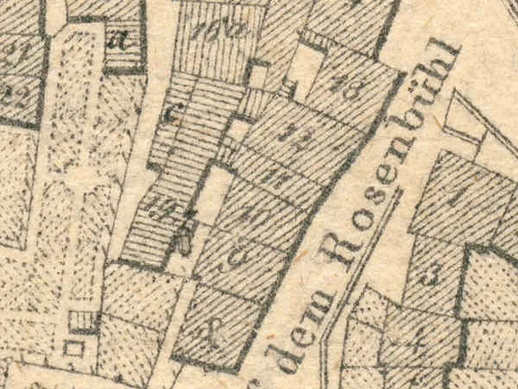 Ausschnitt aus dem Primärkataster  von 1827. Das Haus mit der Nummer 11 ist in der Bildmitte erkennbar (StadtA Schwäb. Hall S13/0583)