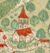 Ausschnitt aus einer kolorierten Federzeichnung von Unterlimpurg in einer Haller Chronik, um 1600 (StadtA Schwäb. Hall 4/4a Bl. 6)