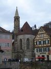 Blick von der Henkersbrücke auf den Chor der Johanniterhalle, März 2009. Foto: Daniel Stihler (StadtA Schwäb. Hall DIG 02201)