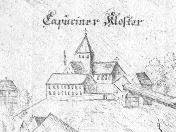 Ausschnitt aus einer Ansicht der Comburg von 1716. Kupferstich von Anton Salver in Augsburg (StadtA Schwäb. Hall HV HS 91)