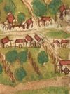 Ausschnitt aus einer weiteren Ansicht Unterlimpurgs in einer anderen Haller Chronik um 1600 (kolorierte Federzeichnung). Das nur teilweise dargestellte Mühlengebäude am rechten Rand unten ist durch das Mühlrad eindeutig identifiziert (StadtA SHA HV HS 74, Bl. 35v)
