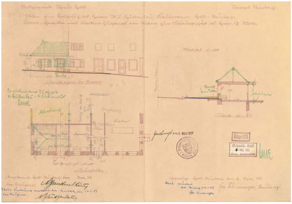 Pläne für den Einbau eines eigenen Eingangs in das im Anbau untergebrachte Friseurgeschäft von 1937 (StadtA Schwäb. Hall 27/550)