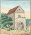 Der Pulverturm im 19. Jahrhundert. Zeichnung von Peter Koch, 1868 (StadtA Schwäb. Hall S10/0313)
