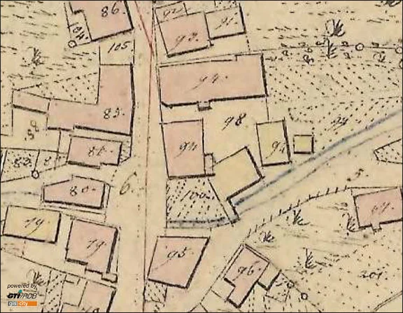 Ausschnitt aus dem Primärkataster von 1827-1830. Die Einhornwirtschaft hat die Primärkatasternummer „94“. Das nördlich (oberhalb) gelegene heutige Haus Nr. 22 hat dieselbe Nummer, da es damals ein Nebengebäude des „Einhorns“ war. Bei den gelb eingezeichneten Gebäuden östlich (rechts) der eigentlichen Wirtschaft handelt es sich um Wirtschaftsgebäude ( Brauerei, Stallungen) (Plan: Geodatenportal Schwäbisch Hall / Stadt Schwäbisch Hall, Fachbereich Planen und Bauen, Abteilung Vermessung).