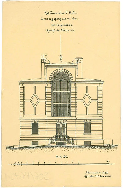 Plan für den Südgiebel des als Ergänzungsbau erstellten „Zellengebäudes“, Stand Juni 1899 (StadtA Schwäb. Hall S06/P06791)