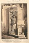 „Grabmonument des Probstes Seyfried vom Holz nebst einem romanischen Lesepult“, ebenfalls Zeichnung von Peter Koch, 1878 (StadtA Schwäb. Hall S10/344)