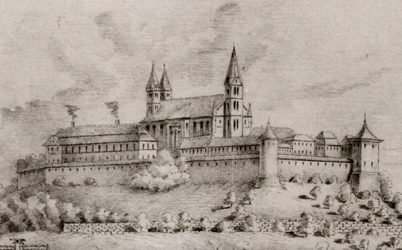 Ausschnitt aus einer Ansicht der Comburg mit Steinbach. Zeichnung von Friedrich Reik, 1892 (StadtA Schwäb. Hall FS 39001)