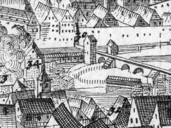 Ausschnitt aus der vermutlich frühesten Ansicht der Stadt nach dem Wiederaufbau. Kupferstich von J. C. Leopold in Augsburg nach Vorlage von F. B. Werner, um 1740 (StadtA Schwäb. Hall S10/518)