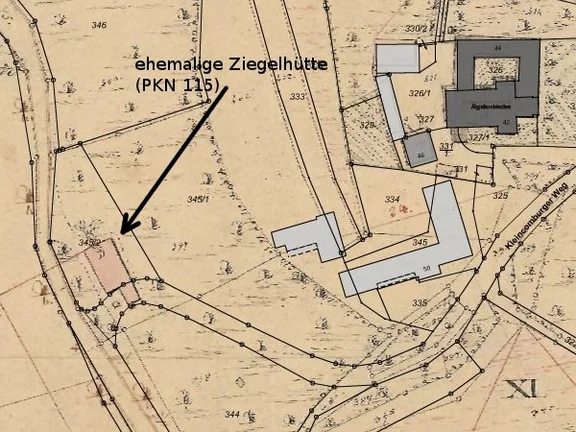 Ausschnitt aus dem Primärkataster 1827-1830 und Überblendung mit der aktuellen Liegenschaftskarte, Stand 7/2014. Der Standort der Ziegelhütte befindet sich westlich (links) von der Kleincomburg (Plan: GIS-City Schwäbisch Hall /  Stadt Schwäbisch Hall, Fachbereich Planen und Bauen, Abteilung Vermessung).