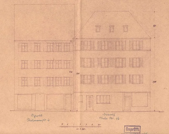 Fassade des Neubaus zur Rosmarinstraße, korrigierter Plan von 1935 (Baurechtsamt SHA, Bauakten)