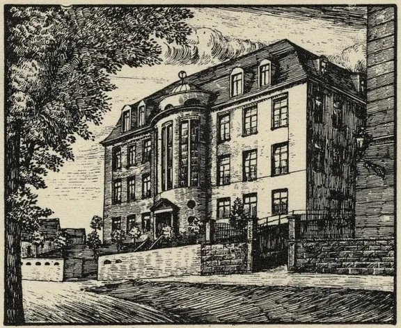 Gedruckte Ansicht auf einer ''Belobigung'' für den Schüler Albert Doderer, 1921 (StadtA SHA R17/0165)