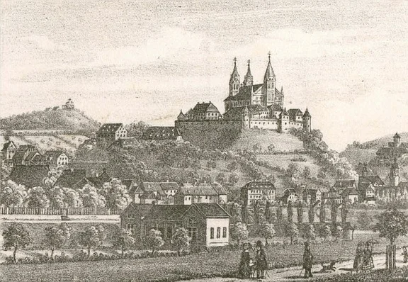 Vignette zu einer Stadtansicht um 1850, hinter dem Schützenhaus Unterlimpurg und die Comburg. Lithografie von Wilhelm Haaf nach Aufnahme von F. Bonhöffer (StadtA Schwäb. Hall S10/712)