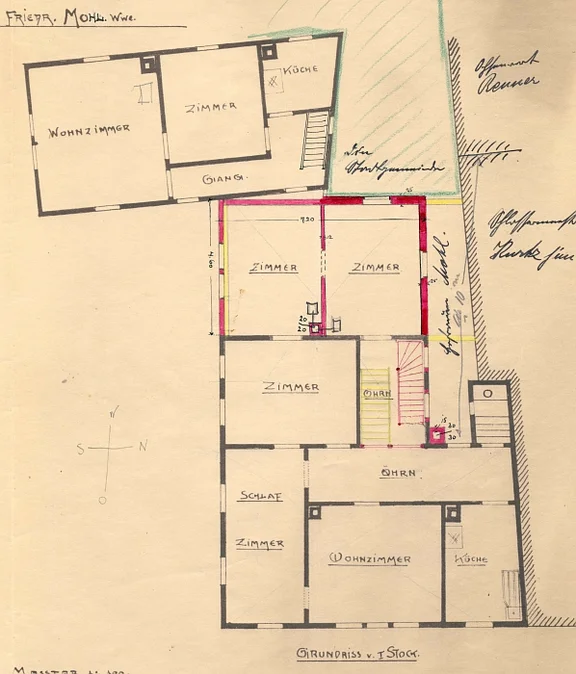 Umbauten 1910: Grundriss des Obergeschosses (oben) zusammen mit dem Hauptgebäude Bahnhofstraße 12 (Baurechtsamt SHA, Bauakten Bahnhofstraße 12)