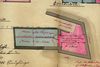 Grundriss des „Souterrains“ (Kellergeschosses) zu einem Plan über die von Jacob Hohl (blau) an Johann Bauer (rot) verkauften Hausanteile, 1890 (StadtA Schwäb. Hall 19/1054, Beil. 18)