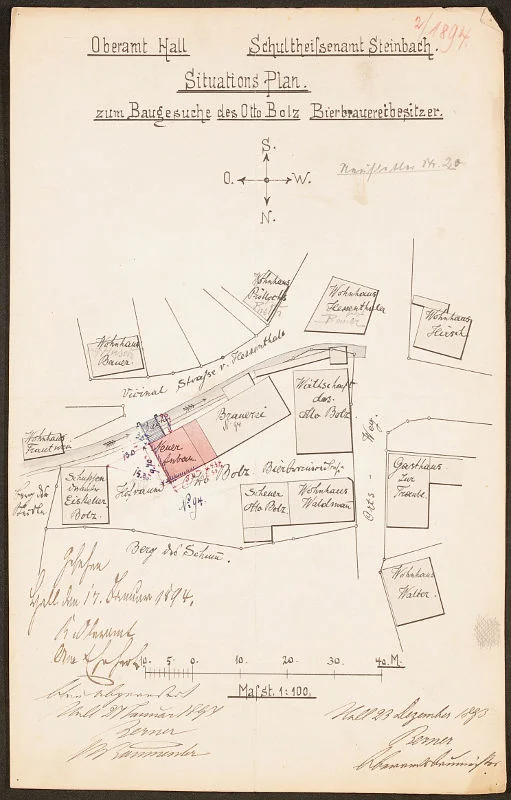 1893/94 plante Bolz einen weiteren Anbau hinter der Brauerei (Stadt Schwäb. Hall, Baurechtsamt, Bauakten Neustetterstraße 20)