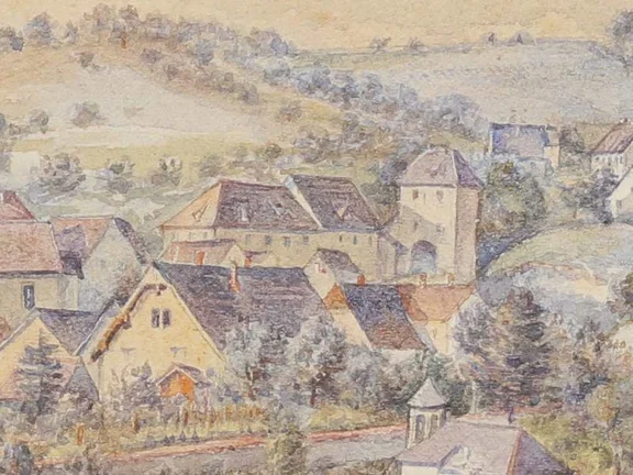 Ausschnitt aus einem Gemälde von J. Berger, 1895 (Bretzinger Tor in der linken Bildmitte). (StadtA Schwäb. Hall S10/2246)